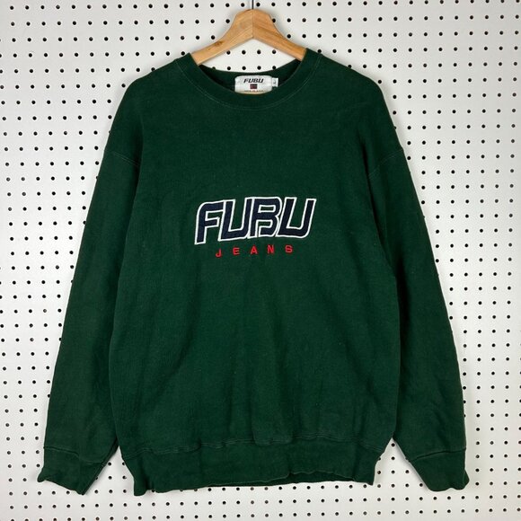 FUBU Jeans 90s Crewneck Sweatshirt Large Green Stitched USA Made Streetwear Y2K - Picture 1 of 6